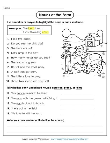 Basic Nouns - Nouns at the Farm (Printable PDF Worksheet)