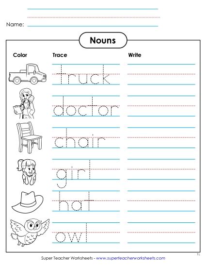 Basic Nouns - Nouns: Color, Trace, and Write (Printable PDF Worksheet)