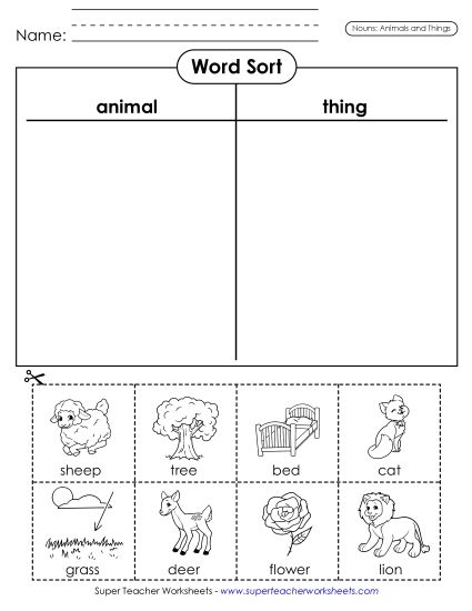 Basic Nouns - Nouns Cut & Sort (Animals & Things)  (Printable PDF Worksheet)