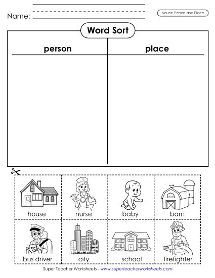Basic Nouns - Nouns Cut & Sort (Person & Place)   (Printable PDF Worksheet)