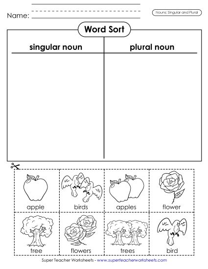 Singular & Plural Nouns - Nouns Cut & Sort (Singular and Plural - 1) (Printable PDF Worksheet)