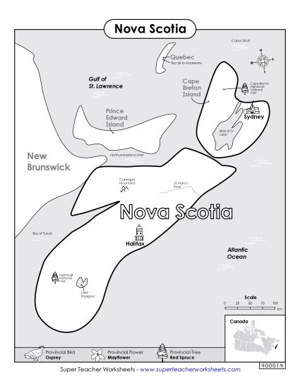 Maps - Nova Scotia Map (Black & White) (Printable PDF Worksheet)