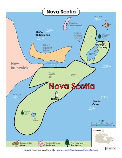 Maps - Nova Scotia Map (Full Colour) (Printable PDF Worksheet)