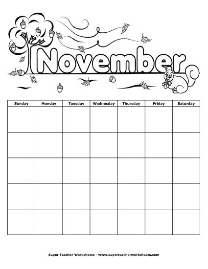 November Calendar (Squirrel) (Printable PDF Worksheet)