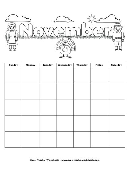 Calendars - November Fall Calendar (Thanksgiving) (Printable PDF Worksheet)