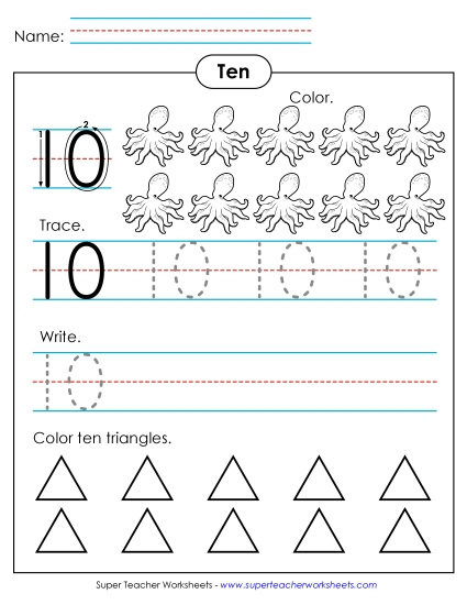 Number Ten - Number 10: Trace, Print, Color (Printable PDF Worksheet)