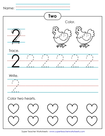 Number Two - Number 2: Trace, Print, Color (Printable PDF Worksheet)