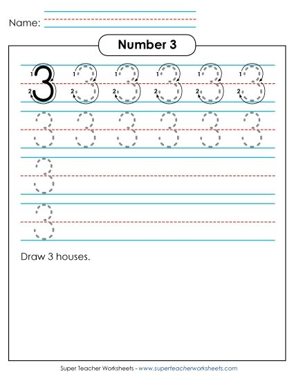 Number Three - Number 3: Trace and Print (Printable PDF Worksheet)