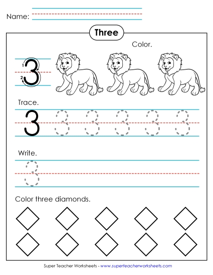 Number Three - Number 3: Trace, Print, Color (Printable PDF Worksheet)