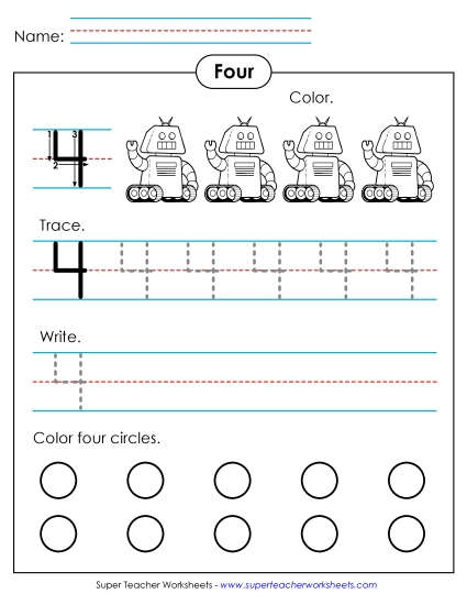Number Four - Number 4: Trace, Print, Color (Printable PDF Worksheet)