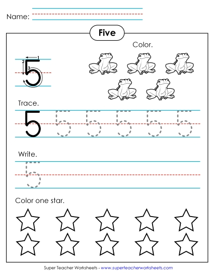 Number Five - Number 5: Trace, Print, Color (Printable PDF Worksheet)