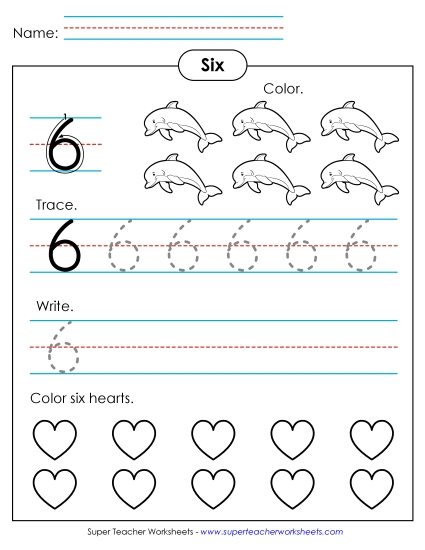 Number Six - Number 6: Trace, Print, Color (Printable PDF Worksheet)