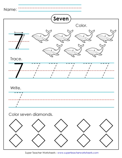 Number Seven - Number 7: Trace, Print, Color (Printable PDF Worksheet)