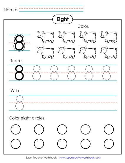 Number Eight - Number 8: Trace, Print, Color (Printable PDF Worksheet)