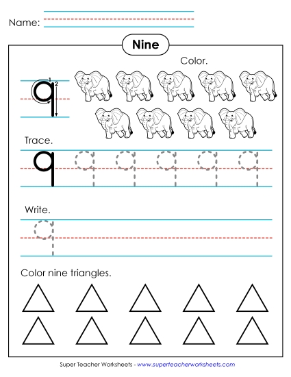 Number Nine - Number 9: Trace, Print, Color (Printable PDF Worksheet)