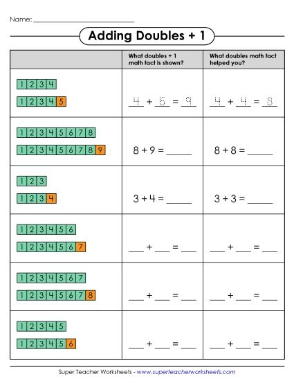 Graphical Concept Worksheets: Addition Doubles +1 - Number Blocks - Doubles +1 (Printable PDF Worksheet)