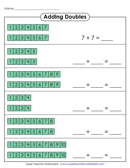 Graphical Concept Worksheets: Addition Doubles Facts - Number Blocks - Doubles Facts (Printable PDF Worksheet)
