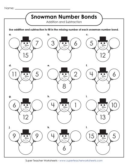 Winter Subtraction Worksheets - Number Bonds: Adding & Subtracting (Snowmen) (Printable PDF Worksheet)