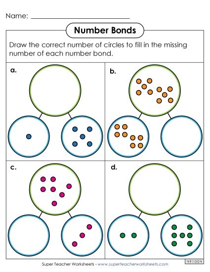 Number Bonds - Sums to 10 - Number Bonds - Draw the Dots (Printable PDF Worksheet)