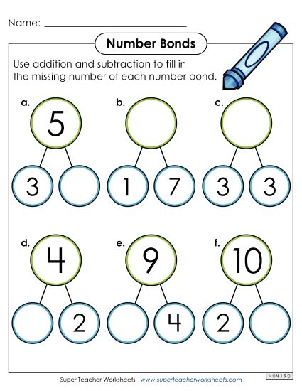 Number Bonds - Sums to 10 - Number Bonds to 10 Worksheet 1 (Printable PDF Worksheet)