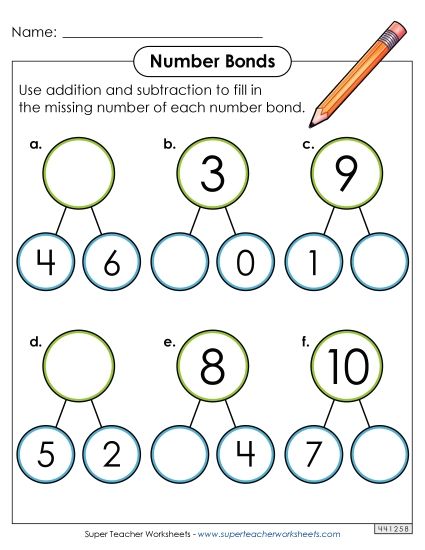 Number Bonds - Sums to 10 - Number Bonds to 10 Worksheet 2 (Printable PDF Worksheet)