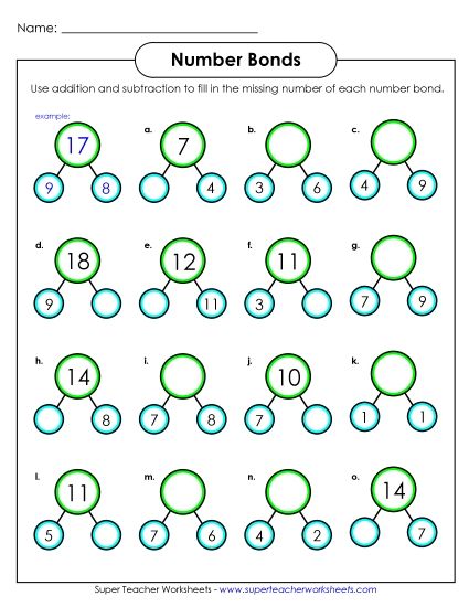 Number Bonds - Sums to 20 - Number Bonds to 20  Worksheet 1 (Printable PDF Worksheet)