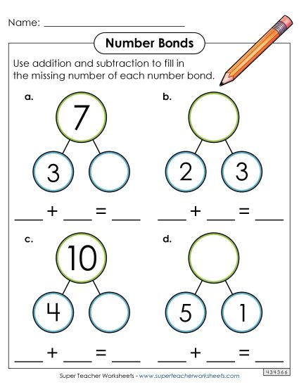 Number Bonds - Sums to 10 - Number Bonds with Equations (Printable PDF Worksheet)