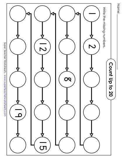 Counting Up to 20 - Number Line: Missing Numbers (Printable PDF Worksheet)