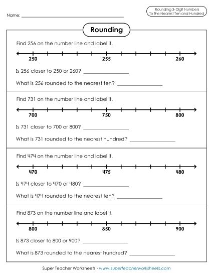 Nearest Tens & Hundreds Mixed - Number Lines: Rounding to Nearest 10 and 100 (Printable PDF Worksheet)