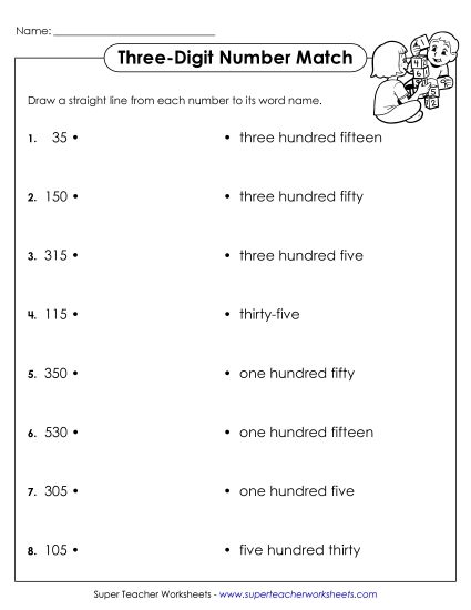 Place Value - Number Match (3-Digit) (Printable PDF Worksheet)