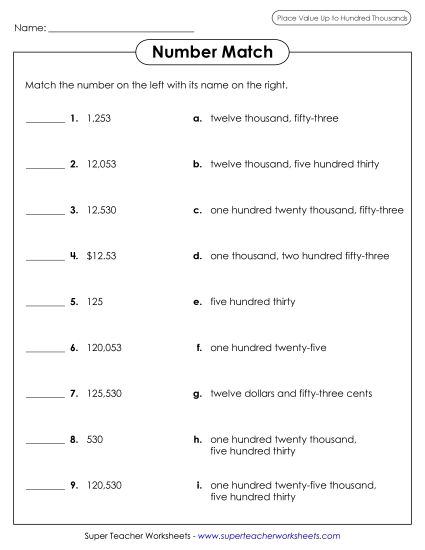 Place Value - Number Match Worksheet (Printable PDF Worksheet)