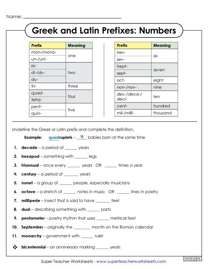 Worksheets - Number Prefixes Worksheet (Printable PDF Worksheet)