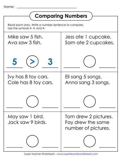 Greater, Less, Equal - Number Stories: Comparing (Printable PDF Worksheet)