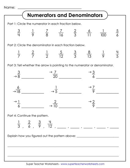 Numerators & Denominators - Numerators and Denominators (Printable PDF Worksheet)