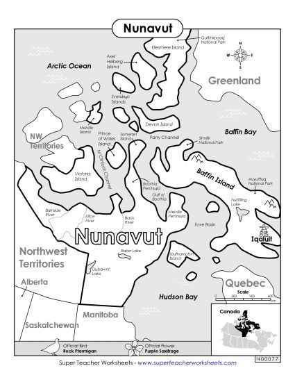 Maps - Nunavut Map (Black & White) (Printable PDF Worksheet)