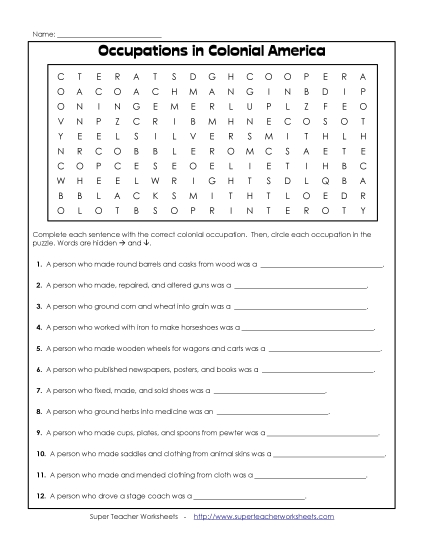 13 Colonies Word Search - Occupations Word Find (Printable PDF Worksheet)