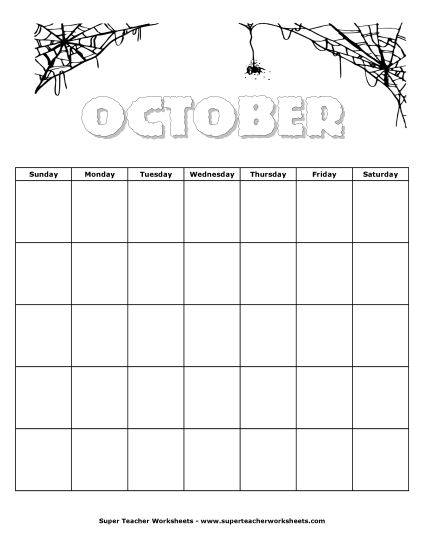 October Calendar (Halloween) (Printable PDF Worksheet)