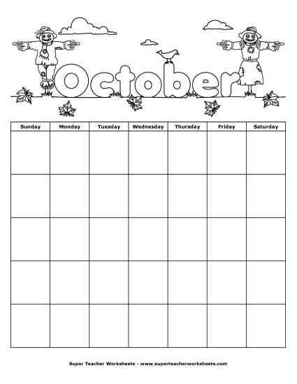 October Calendar (Scarecrow) (Printable PDF Worksheet)