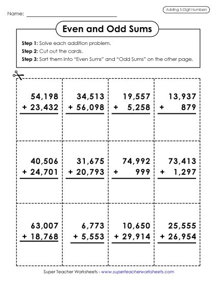 5-Digit Addition - Odd and Even Sums (Printable PDF Worksheet)