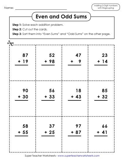 Worksheets (2-Digit Addends) - Odd-Even Sums (2 Digits) (Printable PDF Worksheet)