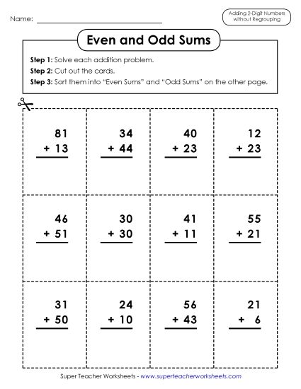 Addition (No Borrowing) - Odd-Even Sums (Printable PDF Worksheet)