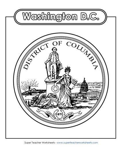 Flag and Seal - Official Seal of Washington, D.C. (Black & White) (Printable PDF Worksheet)