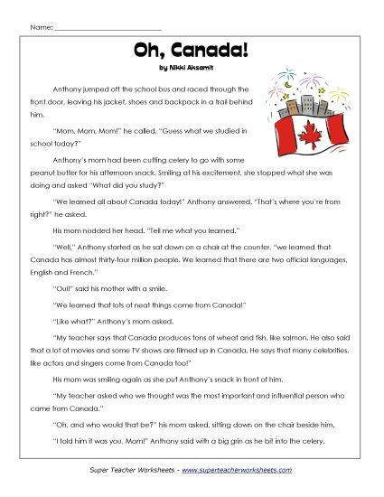 Fiction Stories - Oh, Canada! (Fiction) (Printable PDF Worksheet)