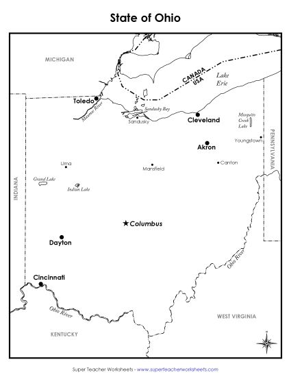 Maps - Ohio State Map (Labeled) (Printable PDF Worksheet)