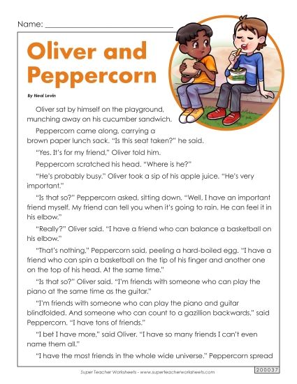 Fiction Stories - Oliver and Peppercorn (Printable PDF Worksheet)