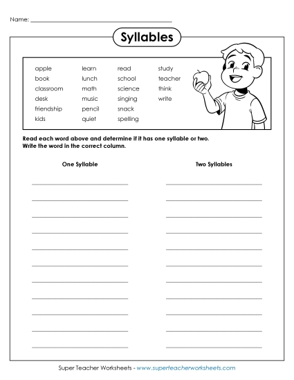 Back-to-School Activities - One or Two Syllables? (Back to school Worksheet) (Printable PDF Worksheet)