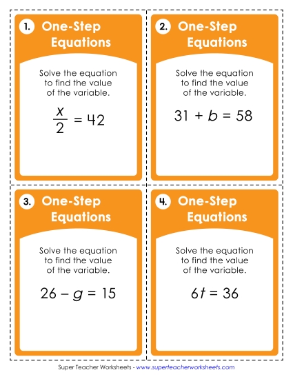 Task Cards - One-Step Equations  (All Operations, Positive Numbers Only) (Printable PDF Worksheet)