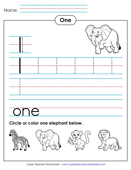 Number One - One: Trace, Print, Count (Printable PDF Worksheet)