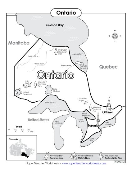 Maps - Ontario Map (Black & White) (Printable PDF Worksheet)