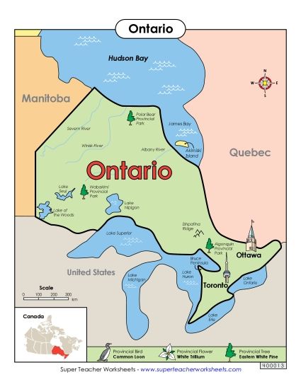 Maps - Ontario Map (Full Colour) (Printable PDF Worksheet)